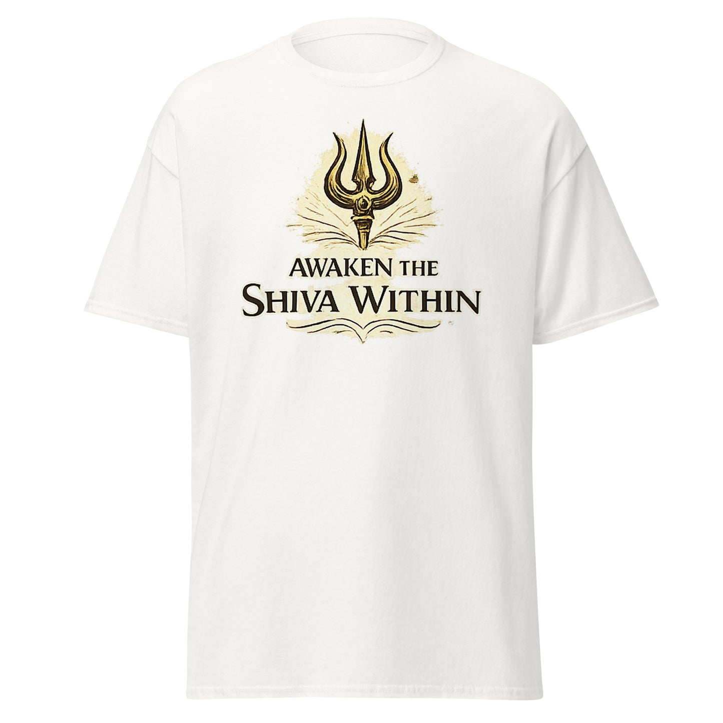 Front view of White Awaken the Shiva Within Spiritual Tee by Enlight Me Center