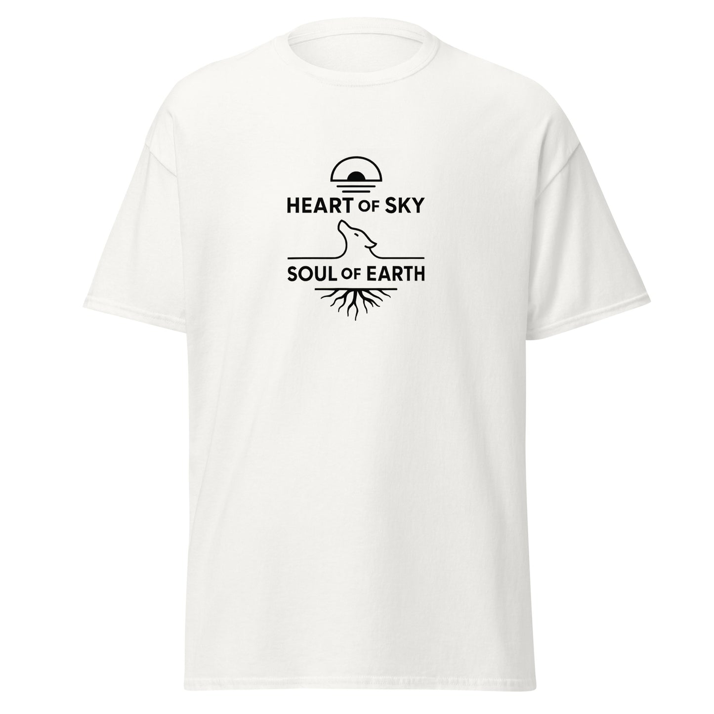 Front view of White Heart of Sky Soul of Earth Spiritual Tee by Enlight Me Center