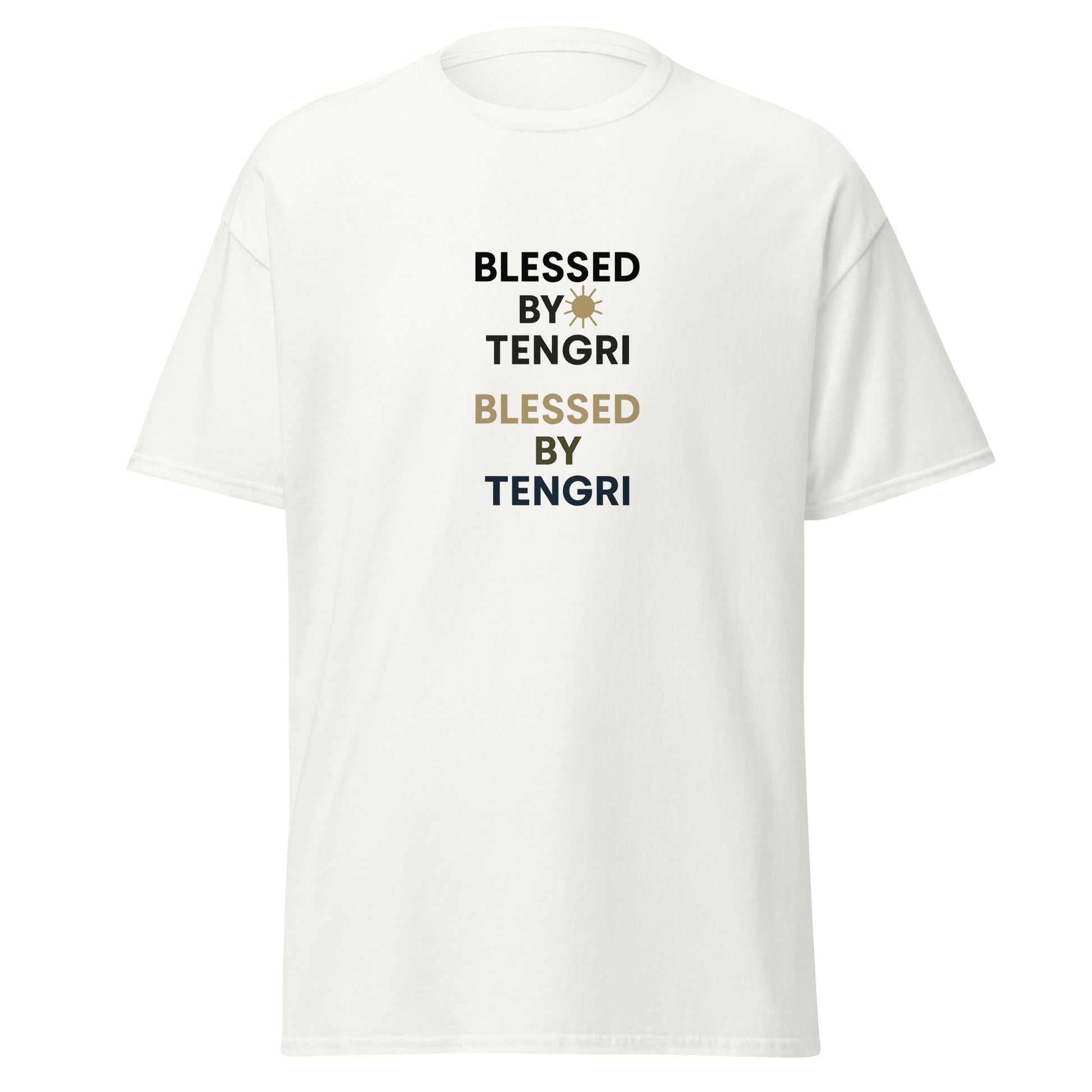 Front view of White Blessed by Tengri Ancestral Spirit Spiritual Tee by Enlight Me Center