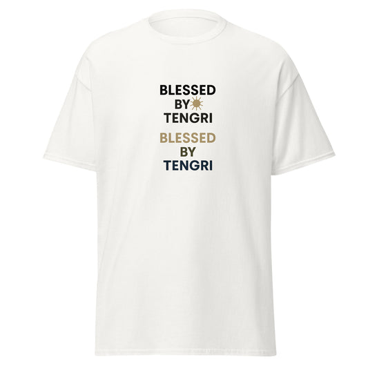Front view of White Blessed by Tengri Ancestral Spirit Spiritual Tee by Enlight Me Center