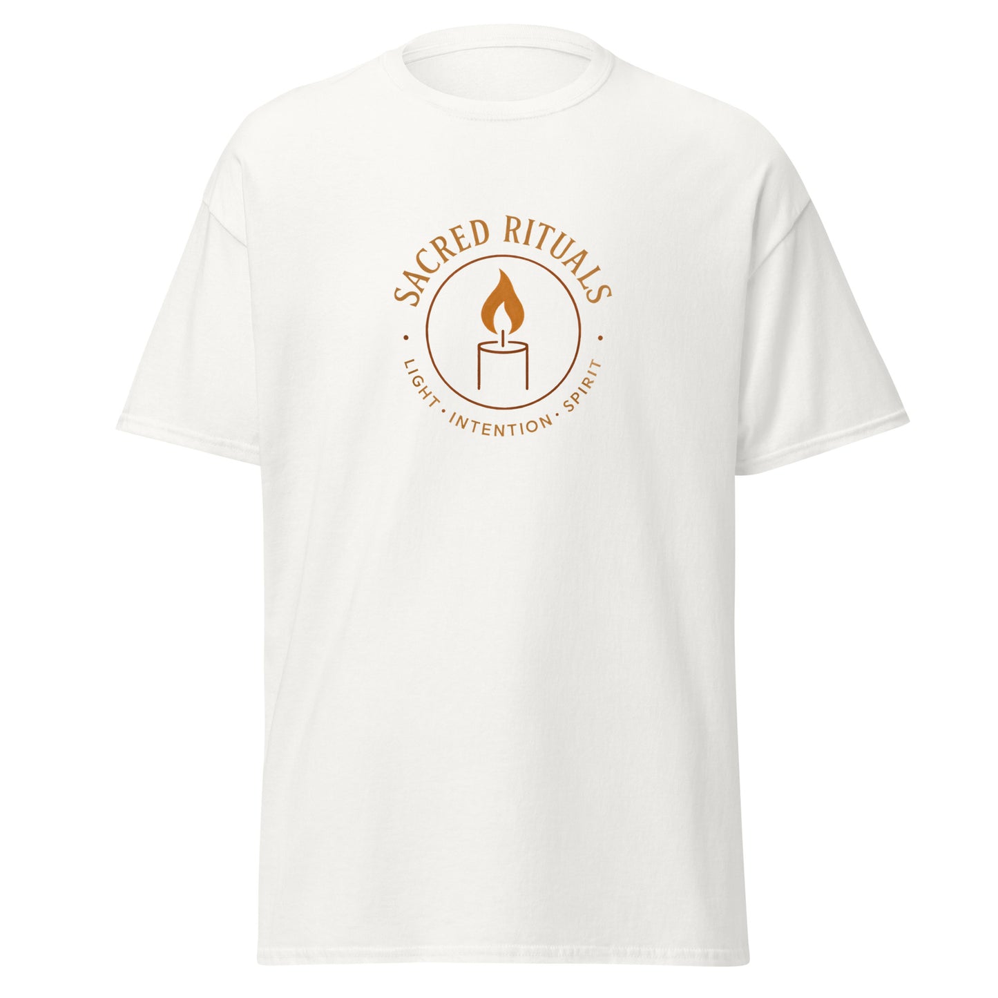 Front view of White Sacred Rituals Spiritual Wellness Spiritual Tee by Enlight Me Center