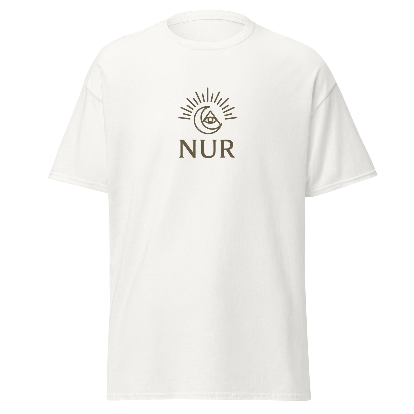 Front view of White NUR Spiritual Tee by Enlight Me Center