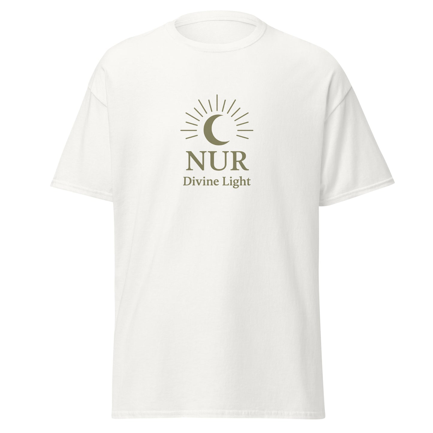 Front view of White NUR Divine Light Spiritual Tee by Enlight Me Center