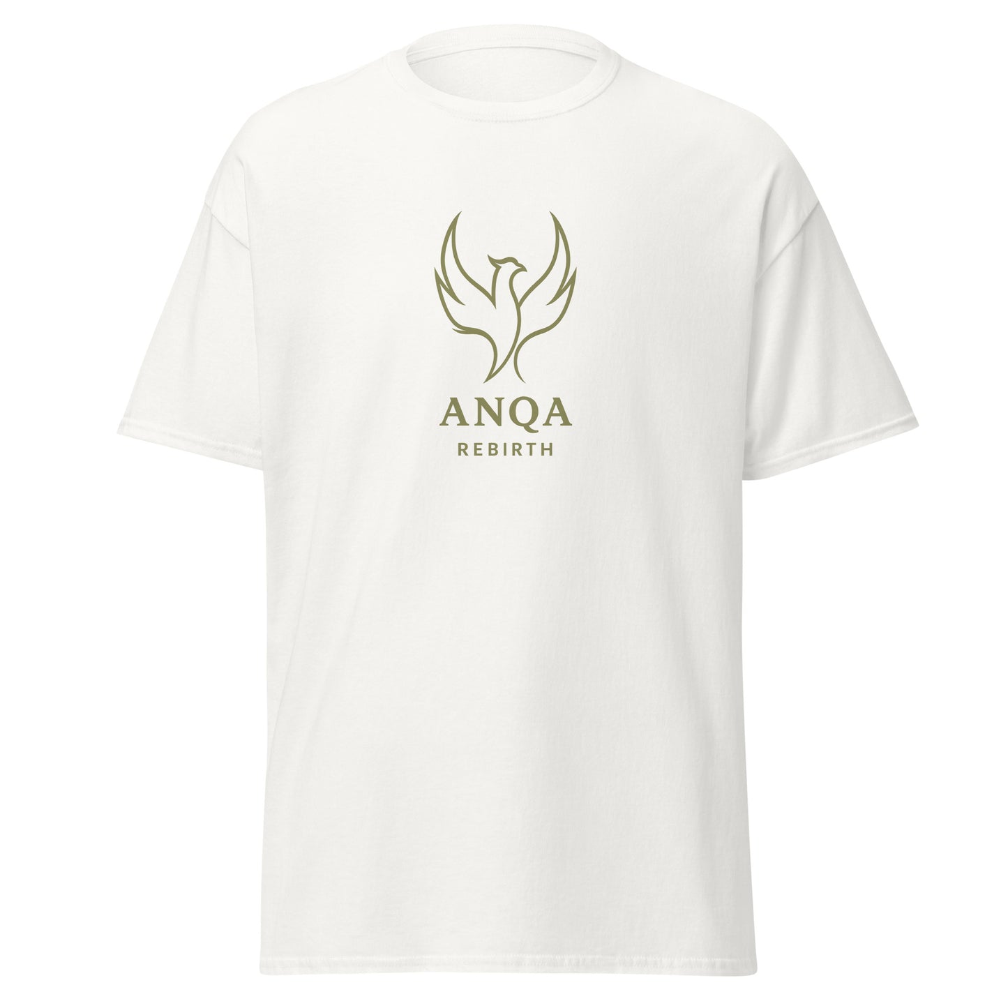 Front view of White ANQA Rebirth Spiritual Tee by Enlight Me Center