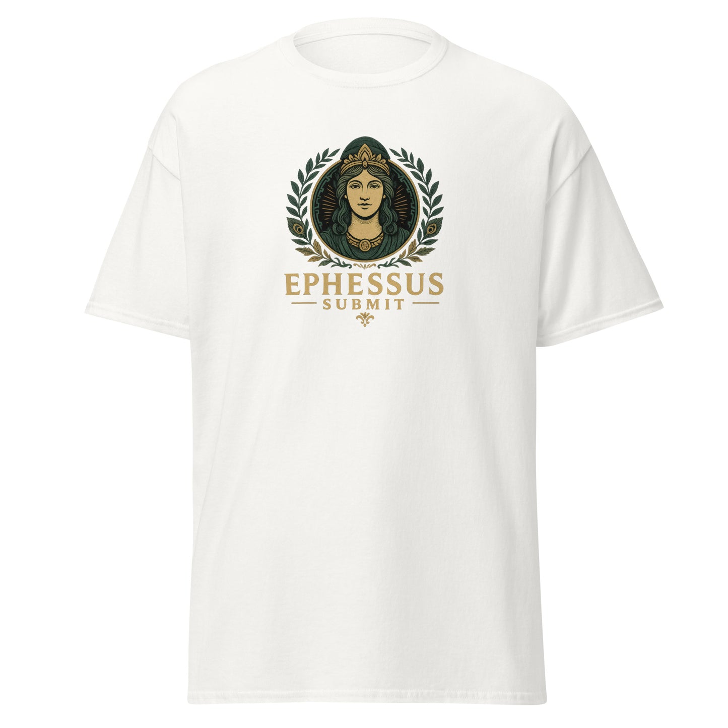 Front view of White Ephessus Hera The Sovereign Queen Divine Feminine Classic Tee by Enlight Me Center