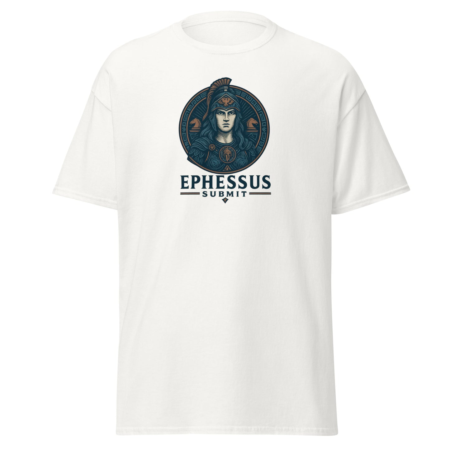 Front view of White Ephessus Athena The Defender Divine Warrior Classic Tee by Enlight Me Center