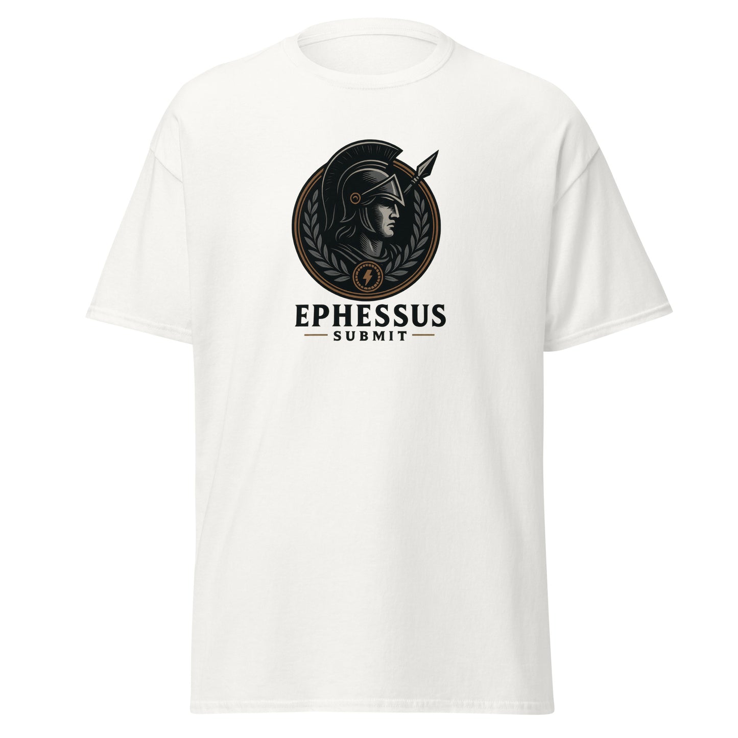 Front view of White Ephessus Athena Eternal Warrior Divine Feminine Classic Tee by Enlight Me Center