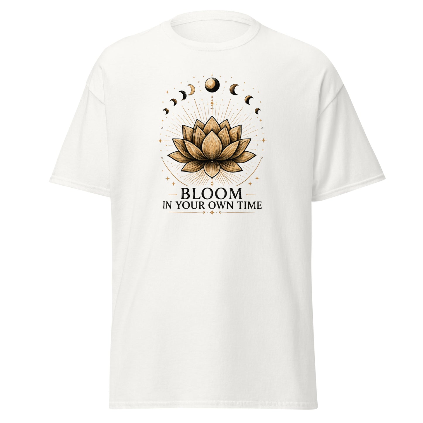 Front view of White Bloom in Your Own Time Mystical Spiritual Tee by Enlight Me Center