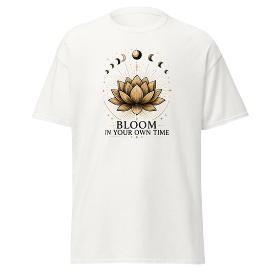 Front view of White Bloom in Your Own Time Mystical Spiritual Tee by Enlight Me Center