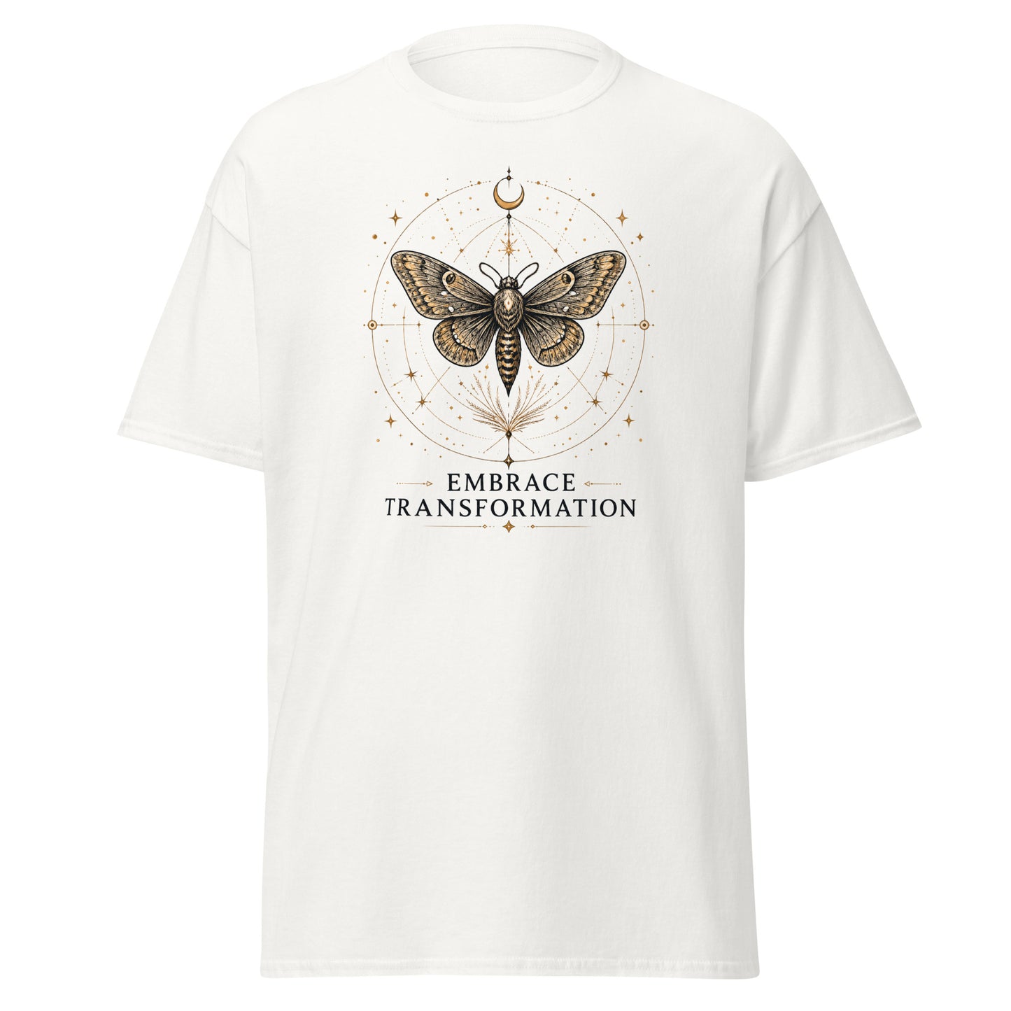 Front view of White Embrace Transformation Mystical Spiritual Tee by Enlight Me Center