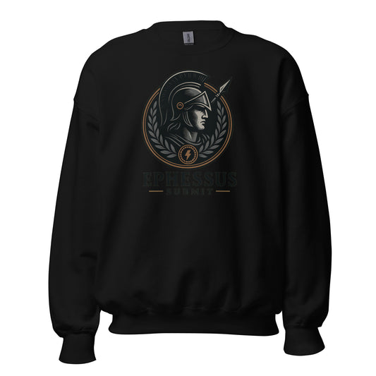 Front view of Black Ephessus Athena Eternal Warrior Divine Feminine Sweatshirt by Enlight Me Center