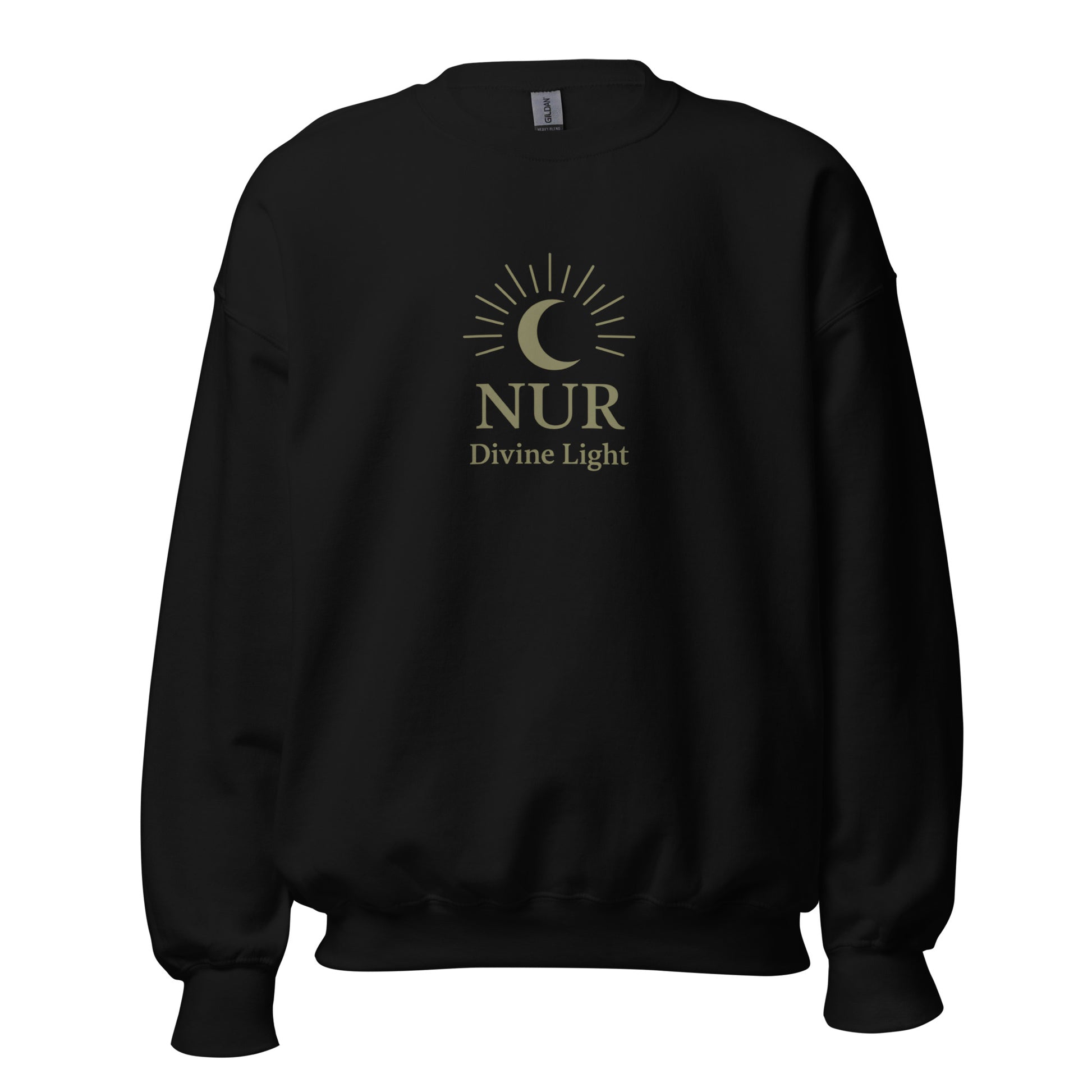 Front view of Black NUR Divine Light Spiritual Sweatshirt by Enlight Me Center