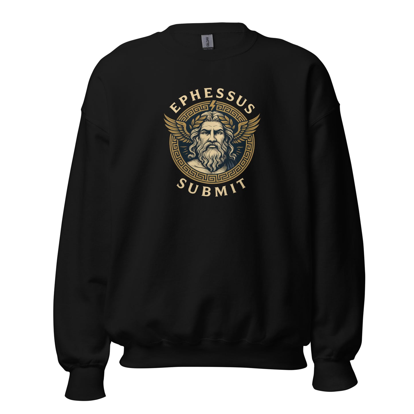 Front view of Black Ephessus Zeus The Thunder King Mythology Sweatshirt by Enlight Me Center