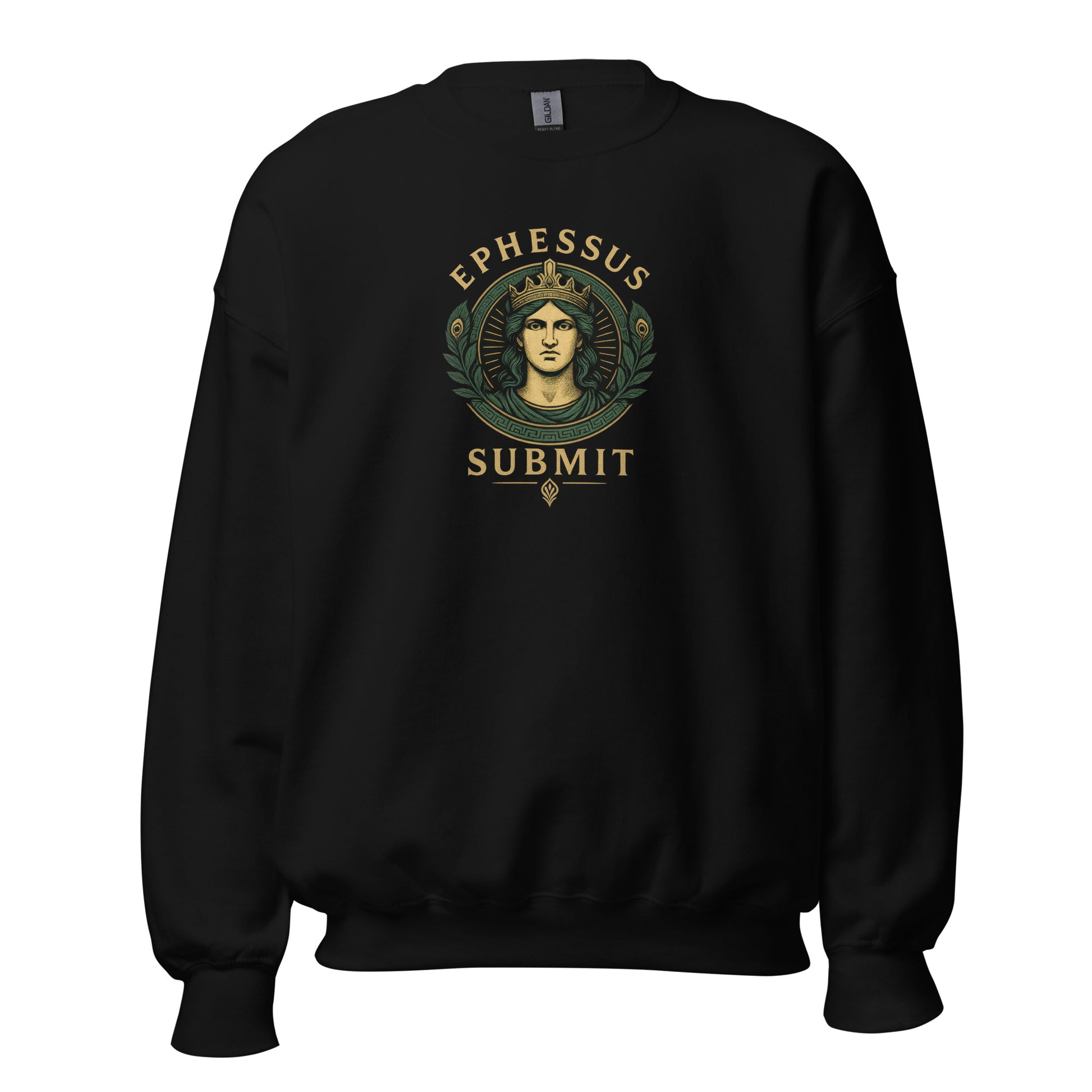 Front view of Black Ephessus Hera The Sovereign Queen Divine Feminine Sweatshirt by Enlight Me Center
