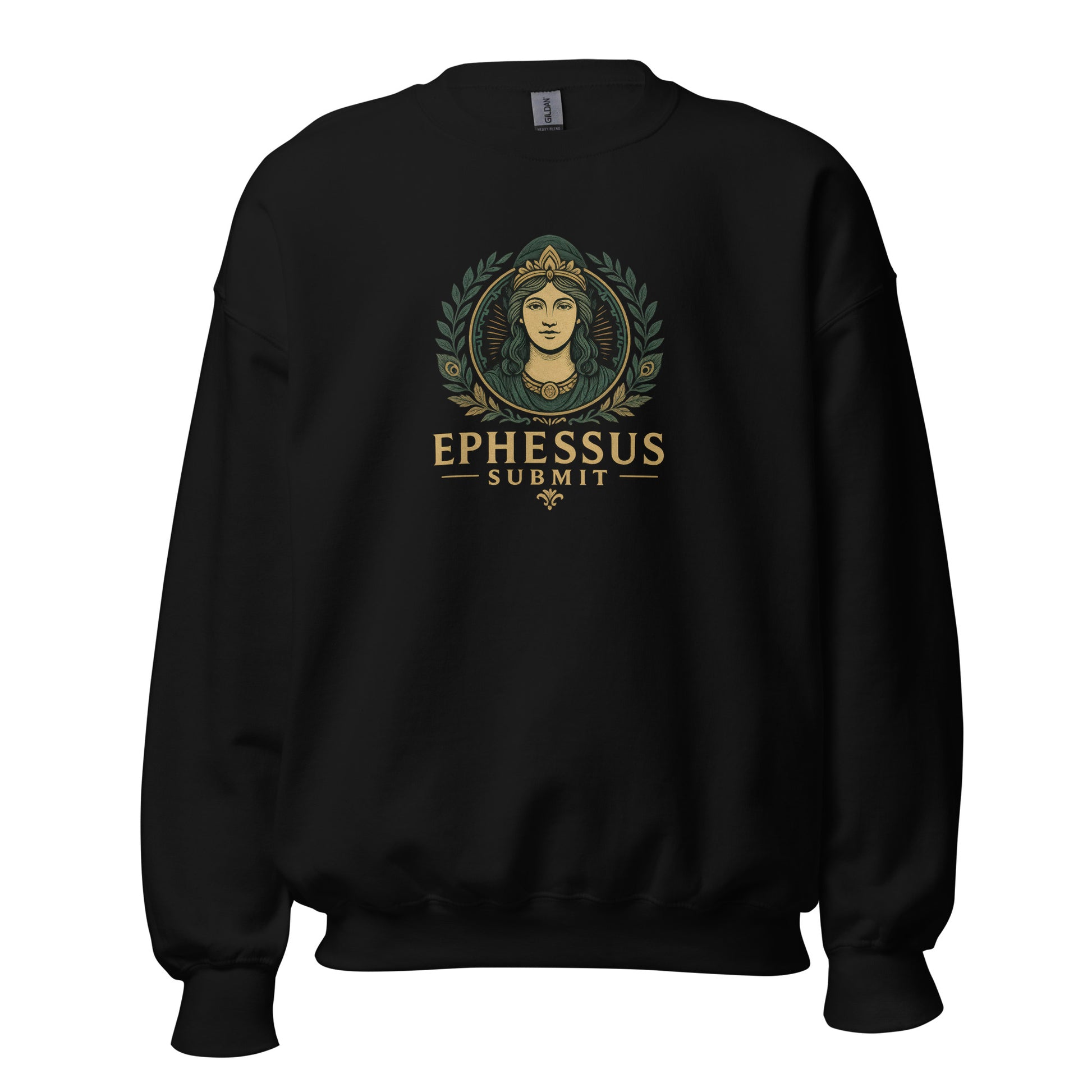 Front view of Black Ephessus Hera The Sovereign Queen Divine Feminine Sweatshirt by Enlight Me Center