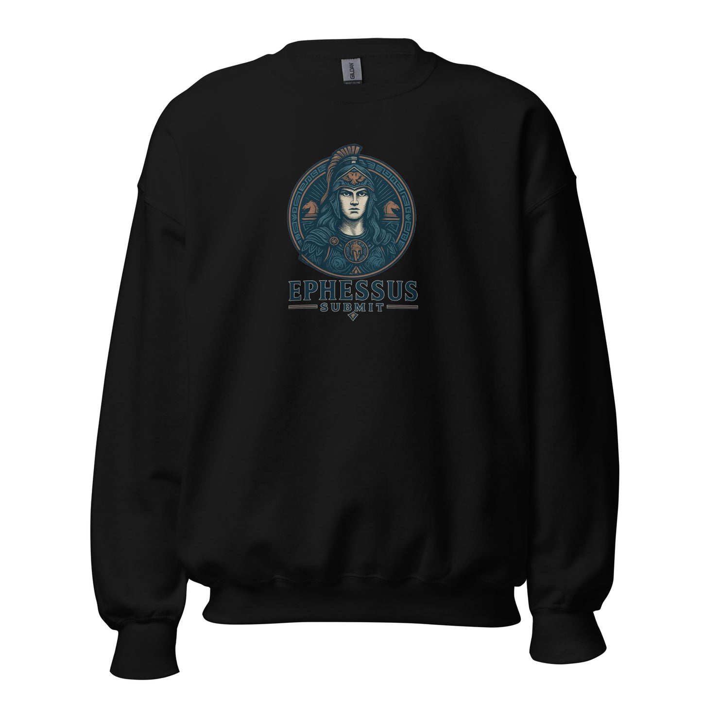 Front view of Black Ephessus Athena The Defender Divine Feminine Sweatshirt by Enlight Me Center