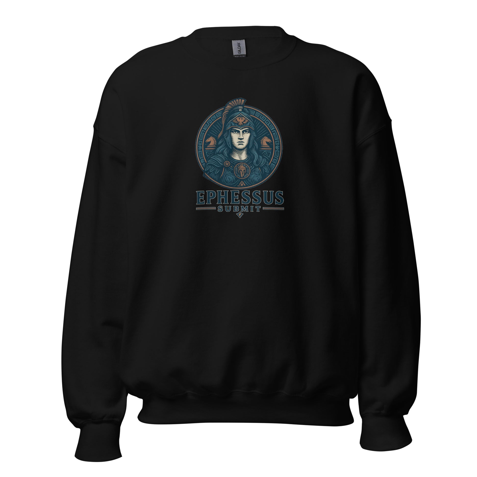 Front view of Black Ephessus Athena The Defender Divine Feminine Sweatshirt by Enlight Me Center