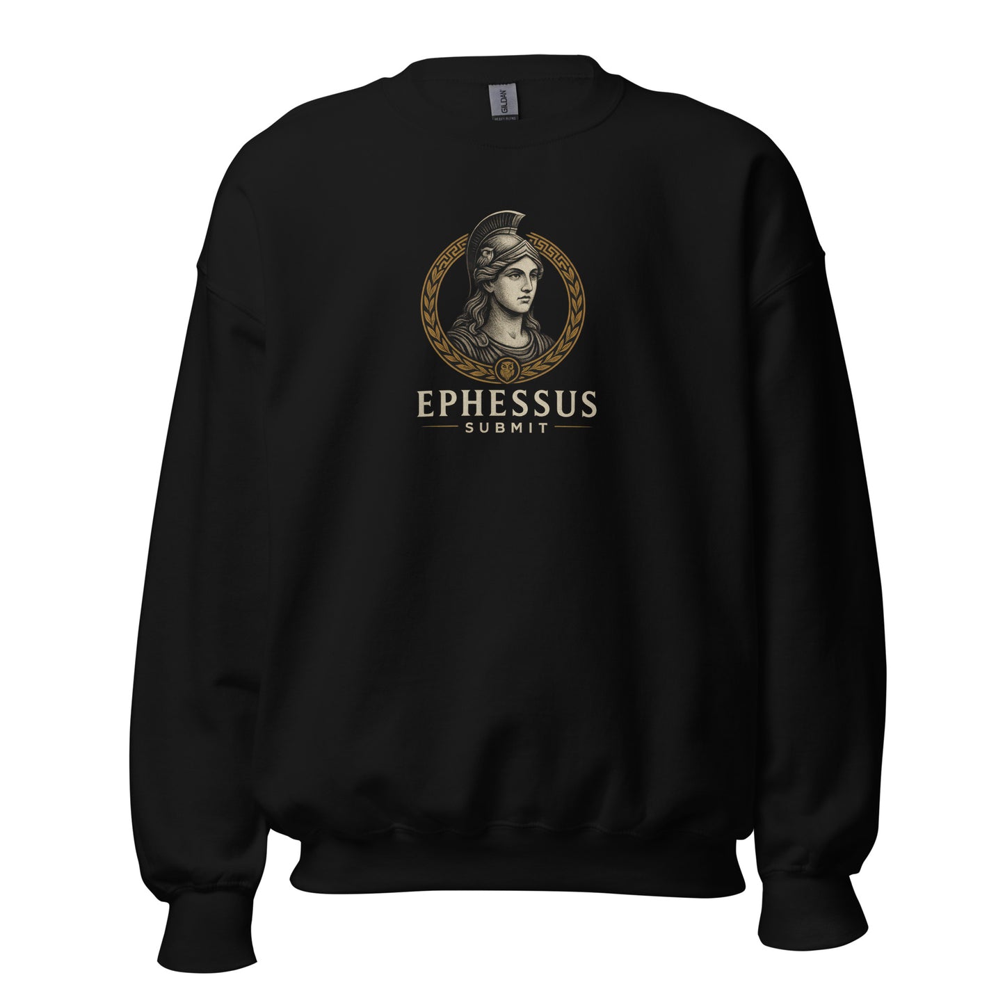 Front view of Black Ephessus Athena The Wise Guardian Divine Feminine Sweatshirt by Enlight Me Center
