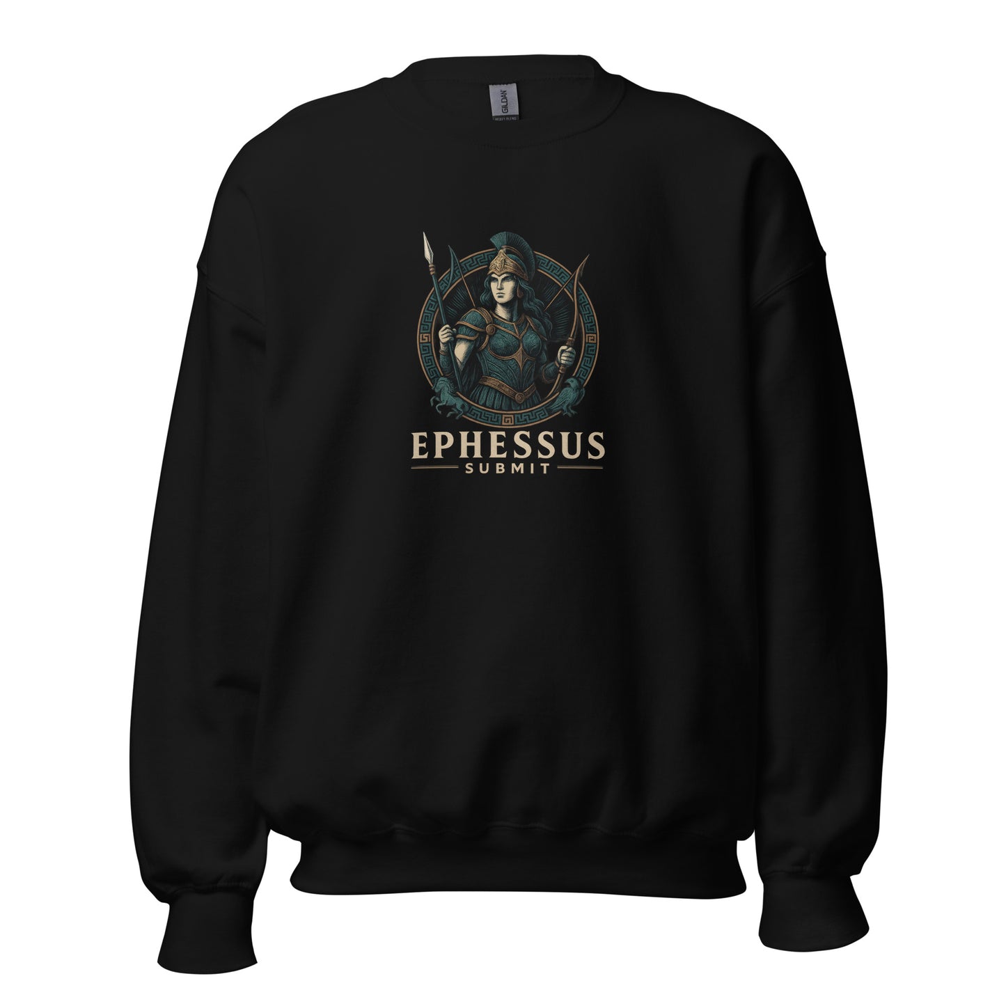 Front view of Black Ephessus Athena The Owl-Bearer Divine Feminine Sweatshirt by Enlight Me Center