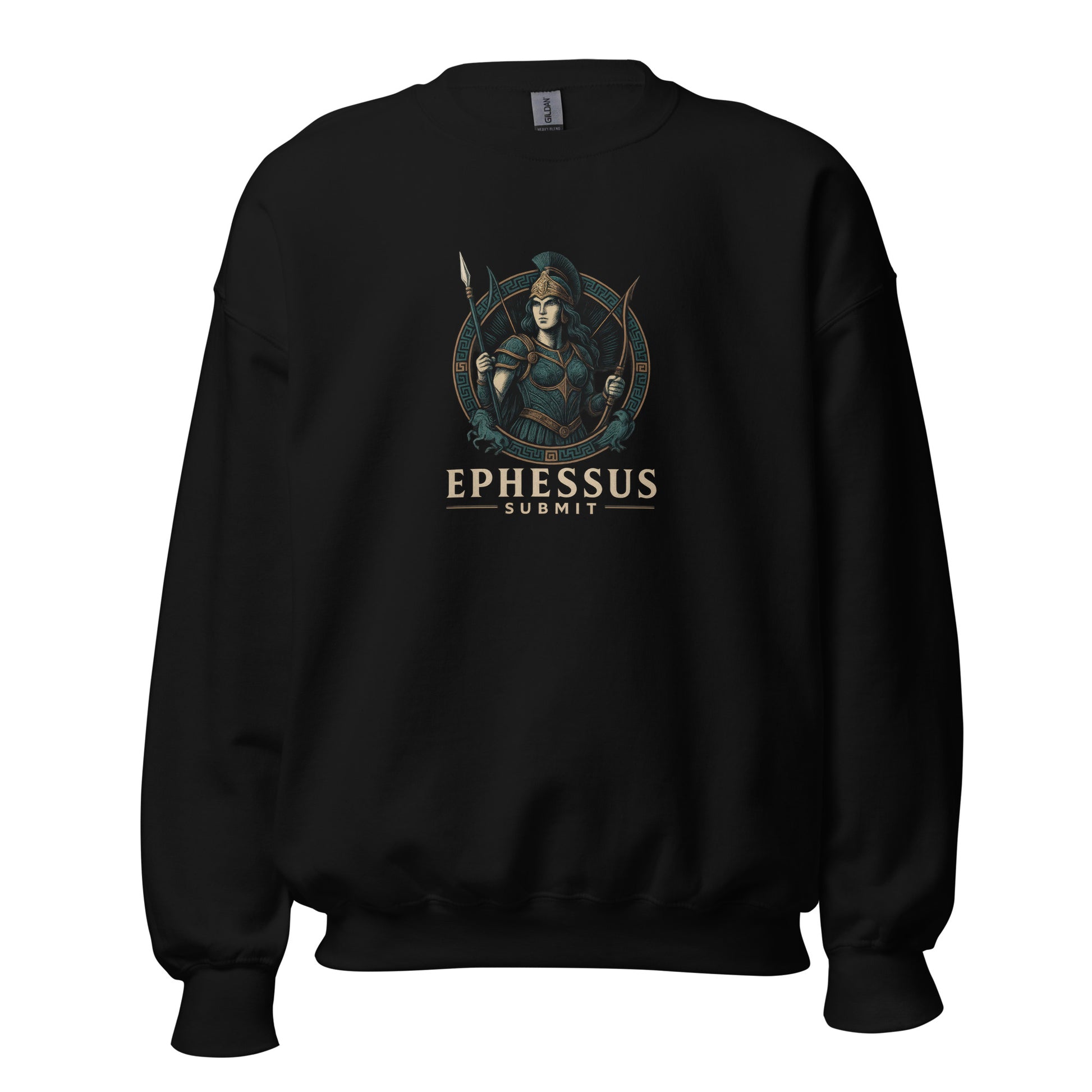 Front view of Black Ephessus Athena The Owl-Bearer Divine Feminine Sweatshirt by Enlight Me Center