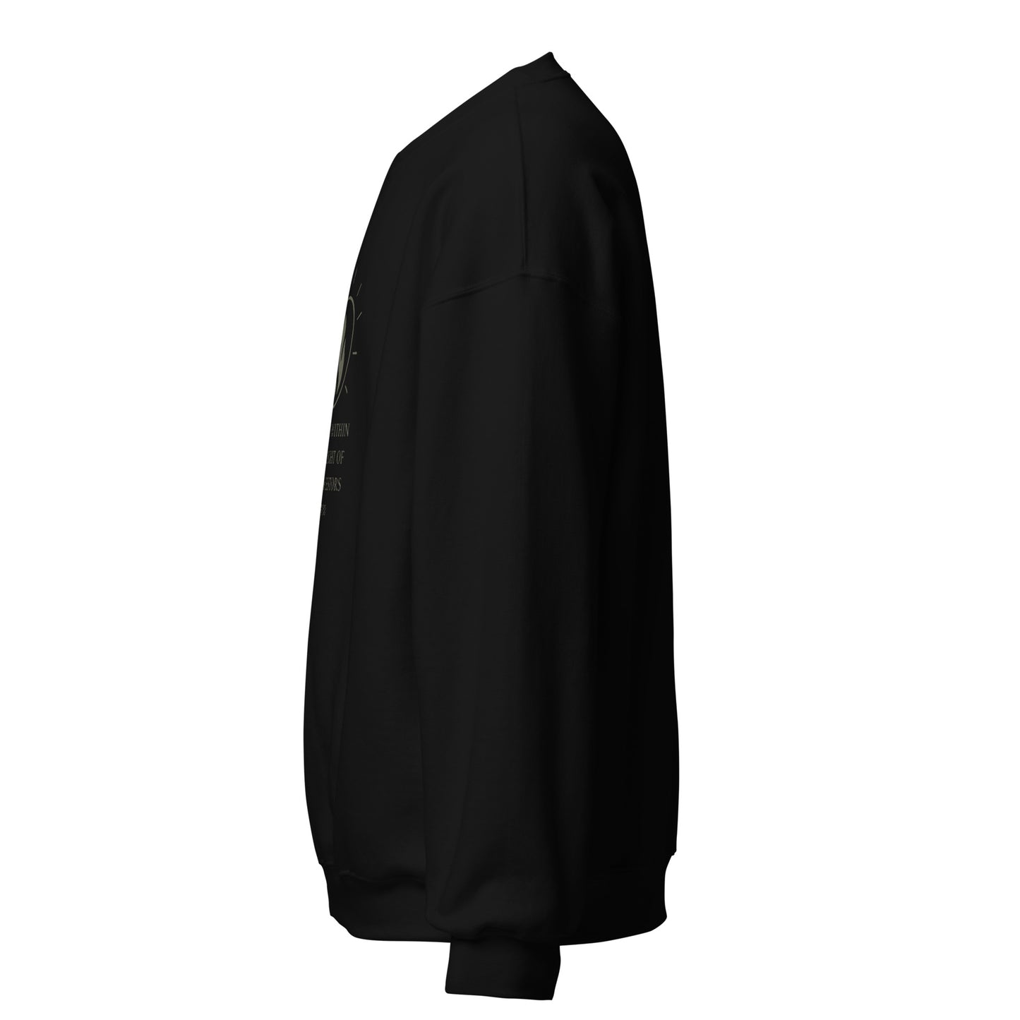 Side view of Black The Fire Within is the Light of the Ancestors Spiritual Sweatshirt by Enlight Me Center