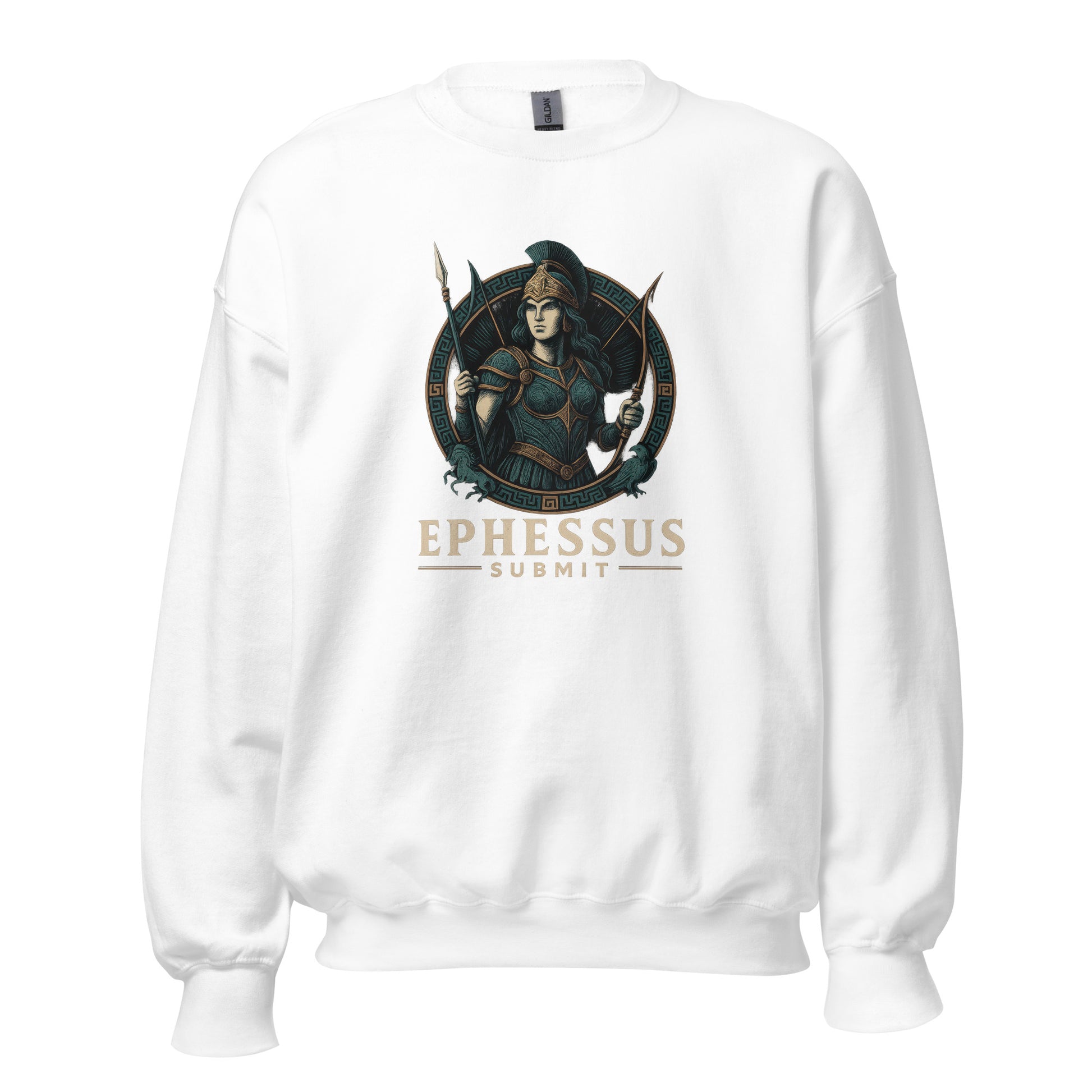 Front view of White Ephessus Athena The Owl-Bearer Divine Feminine Sweatshirt by Enlight Me Center