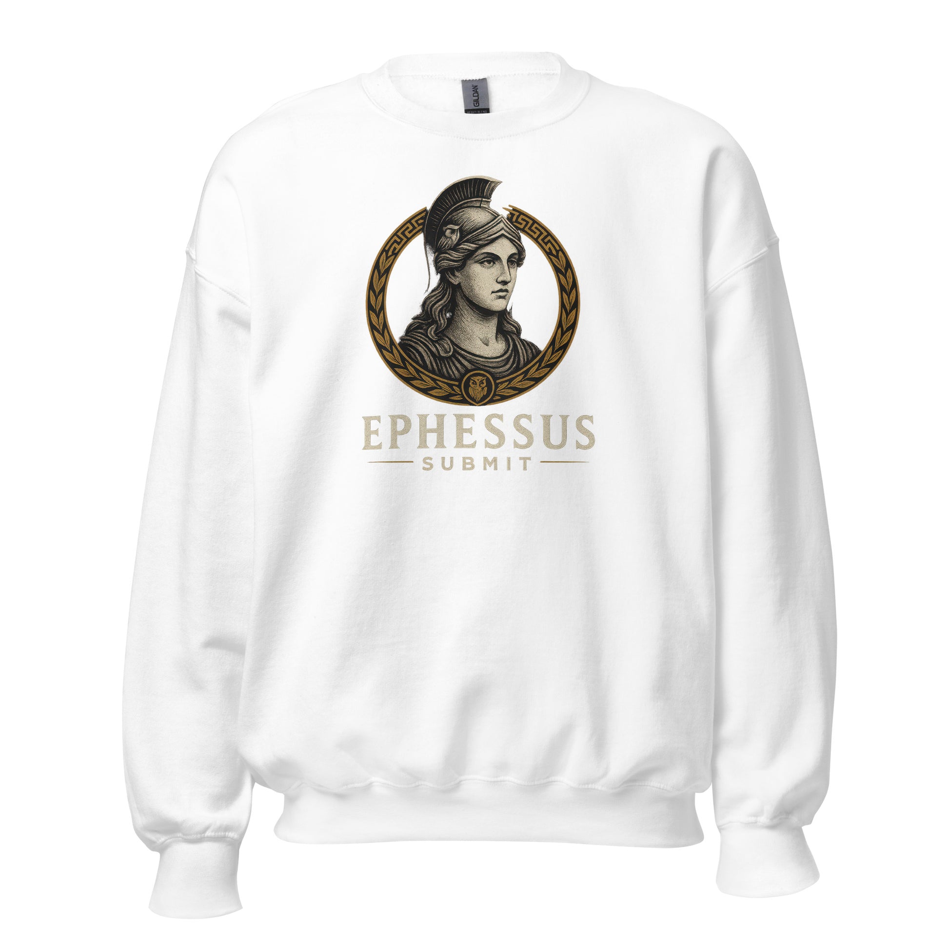 Front view of White Ephessus Athena The Wise Guardian Divine Feminine Sweatshirt by Enlight Me Center