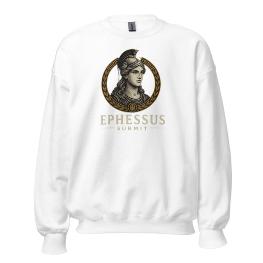 Front view of White Ephessus Athena The Wise Guardian Divine Feminine Sweatshirt by Enlight Me Center