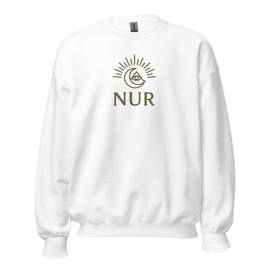 Front view of White NUR Spiritual Sweatshirt by Enlight Me Center