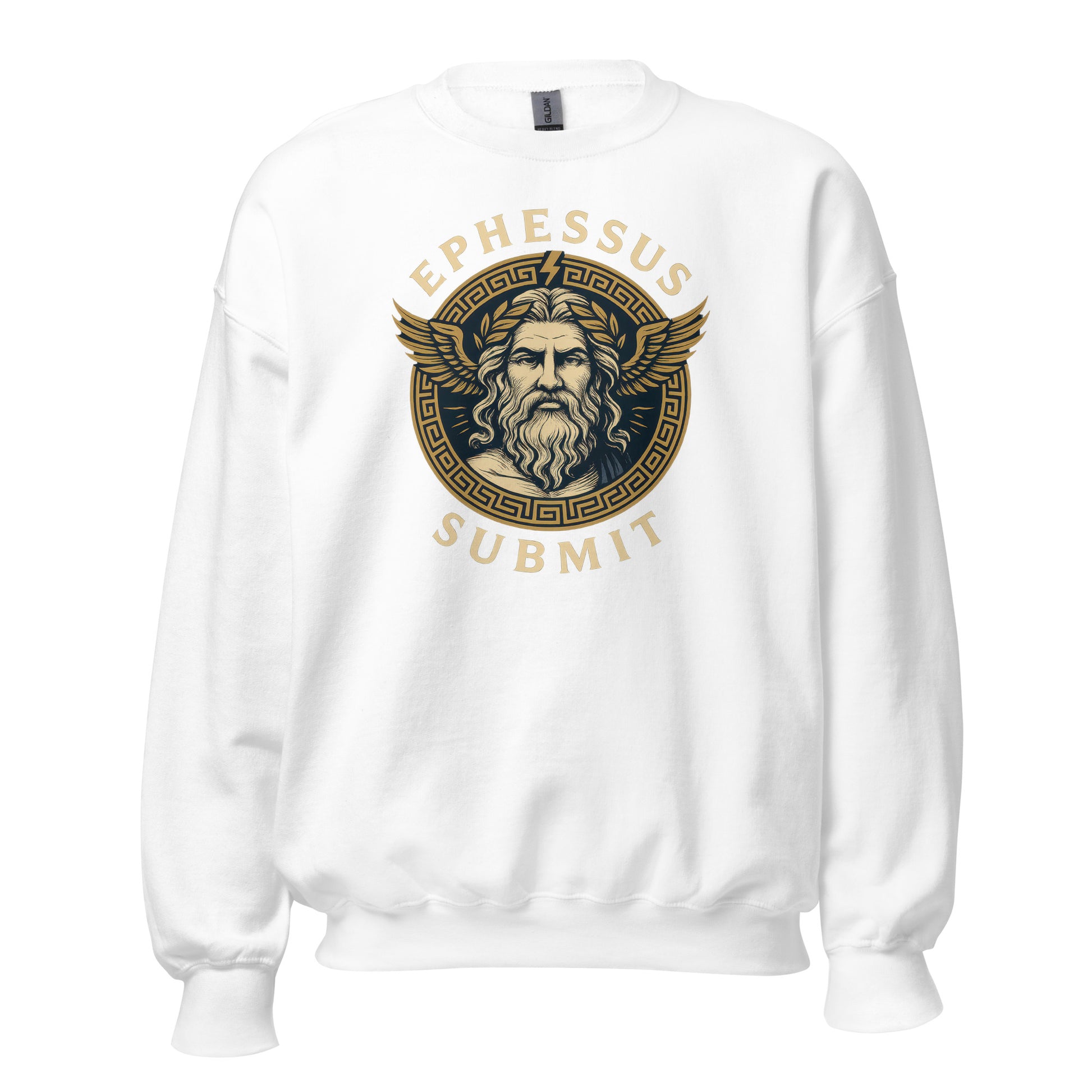 Front view of White Ephessus Zeus The Thunder King Mythology Sweatshirt by Enlight Me Center