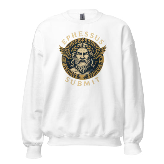 Front view of White Ephessus Zeus The Thunder King Mythology Sweatshirt by Enlight Me Center