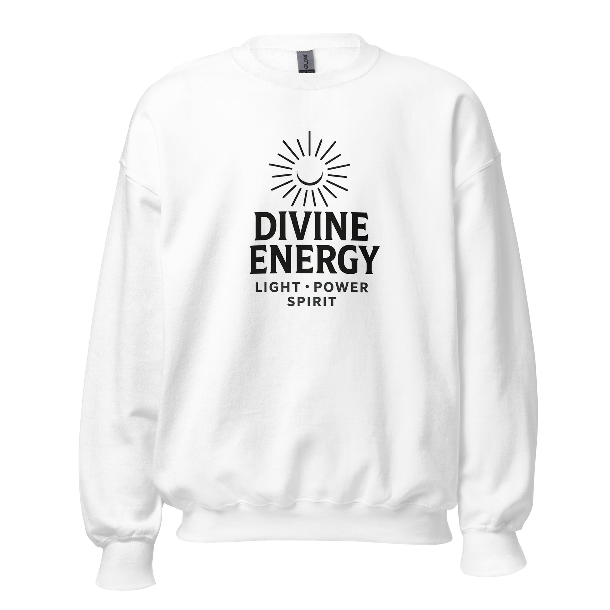 Front view of White Divine Energy Spiritual Sweatshirt by Enlight Me Center