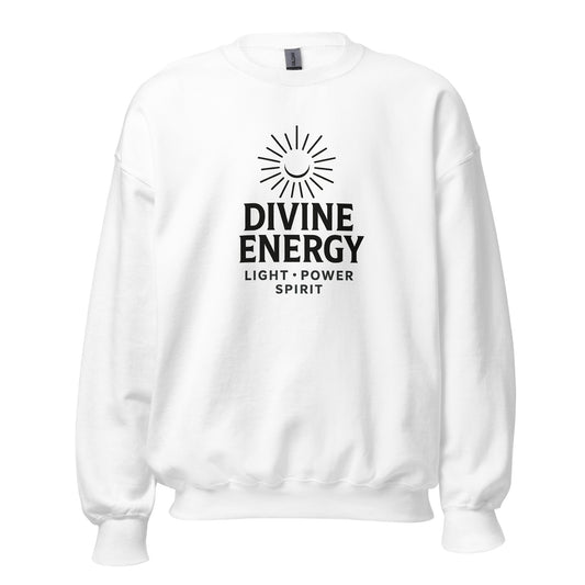 Front view of White Divine Energy Spiritual Sweatshirt by Enlight Me Center