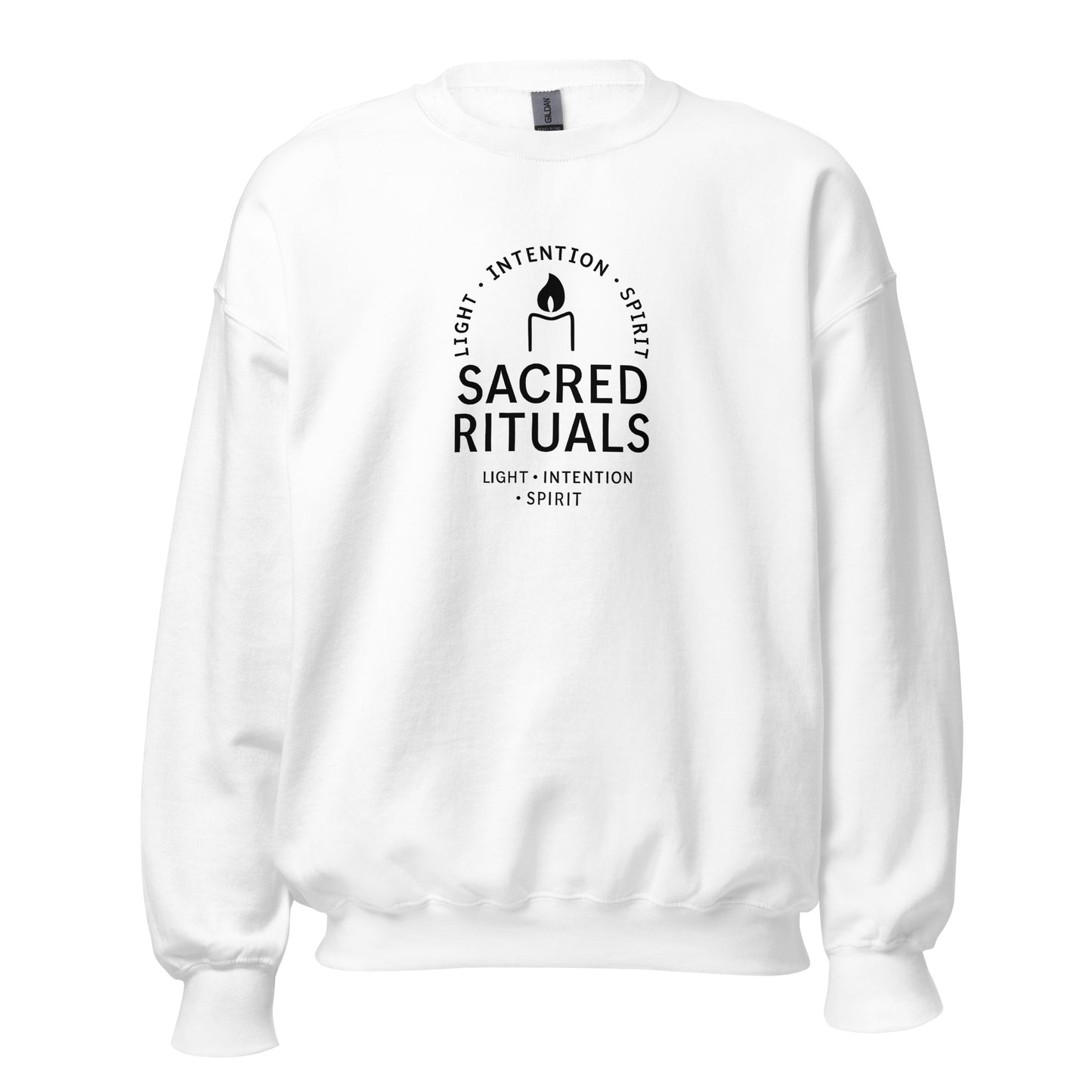 Front view of White Sacred Rituals Spiritual Sweatshirt by Enlight Me Center