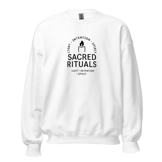 Front view of White Sacred Rituals Spiritual Sweatshirt by Enlight Me Center