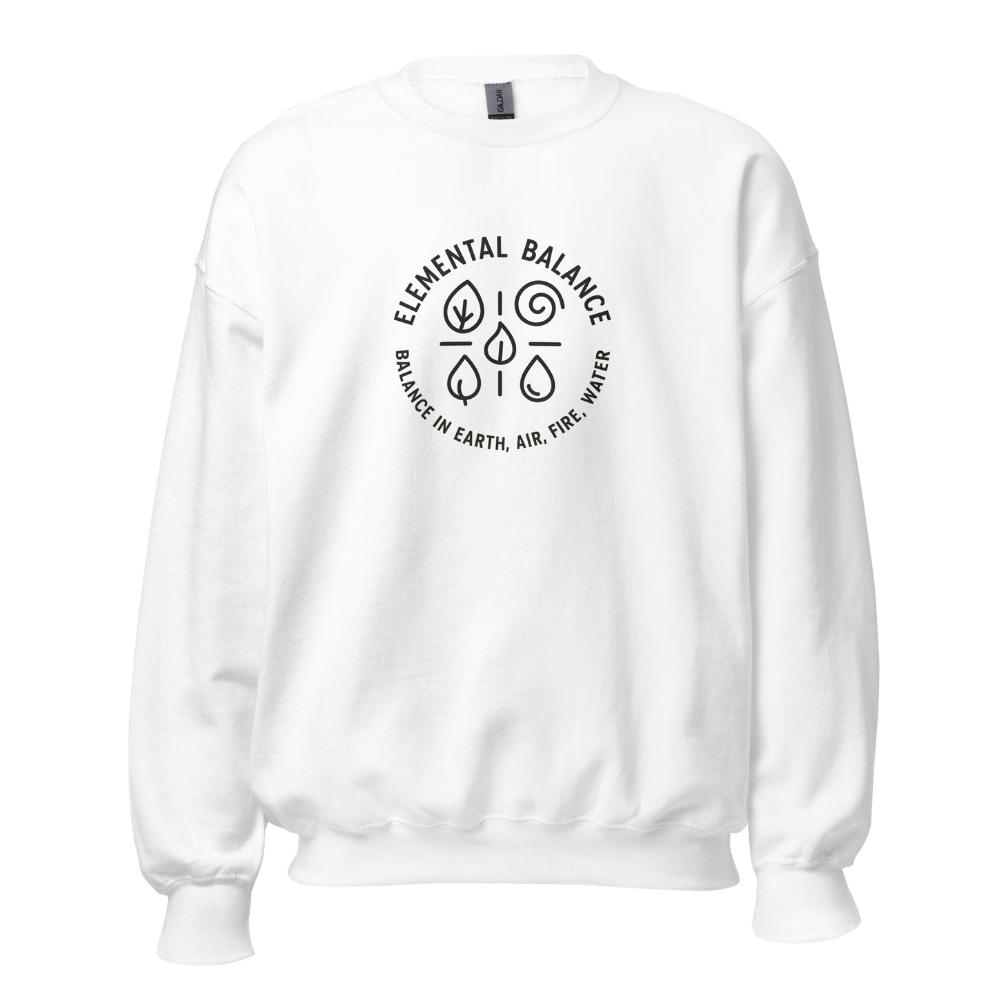 Front view of White Elemental Balance Spiritual Sweatshirt by Enlight Me Center