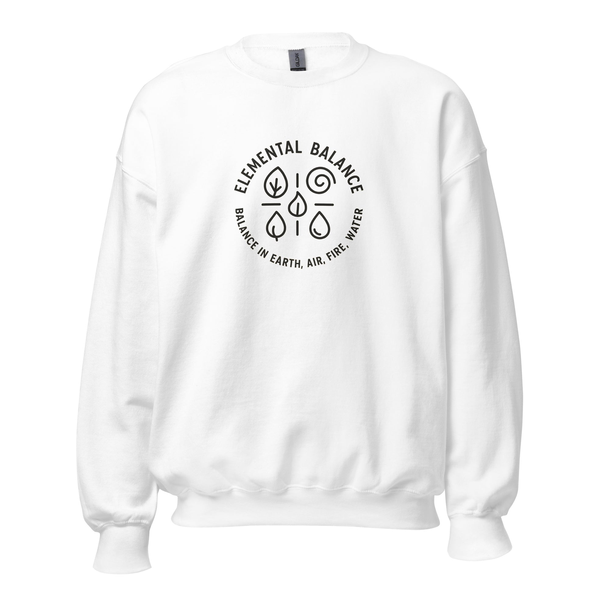 Front view of White Elemental Balance Spiritual Sweatshirt by Enlight Me Center