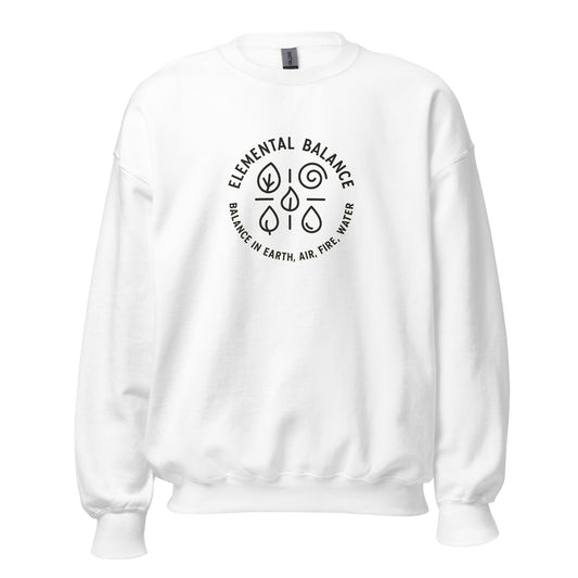 Front view of White Elemental Balance Spiritual Sweatshirt by Enlight Me Center