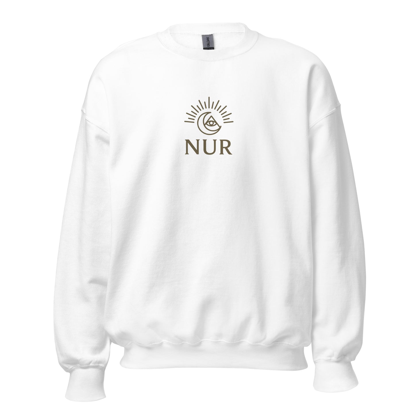 Front view of White NUR Spiritual Sweatshirt by Enlight Me Center