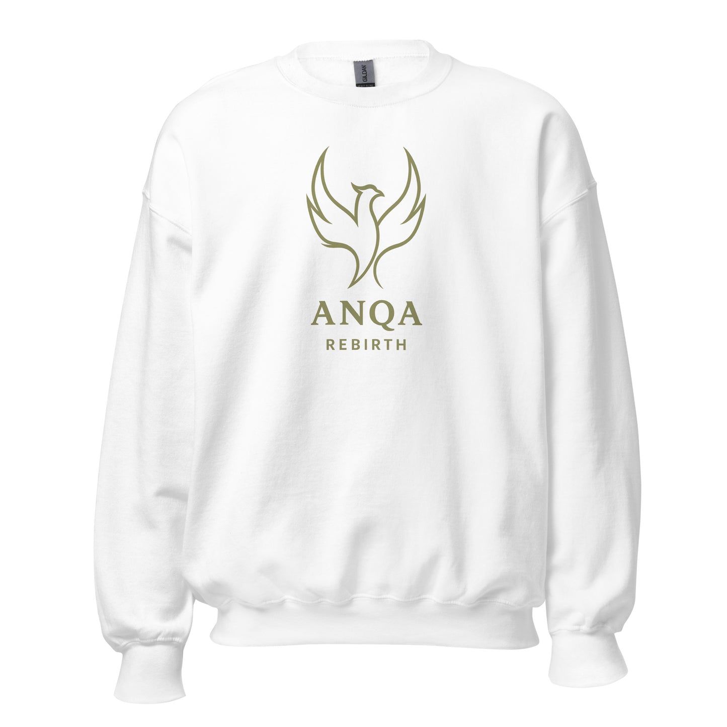 Front view of White ANQA Rebirth Spiritual Sweatshirt by Enlight Me Center