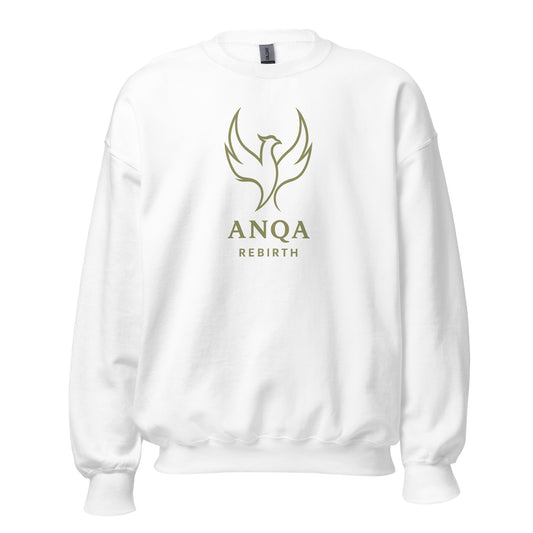 Front view of White ANQA Rebirth Spiritual Sweatshirt by Enlight Me Center