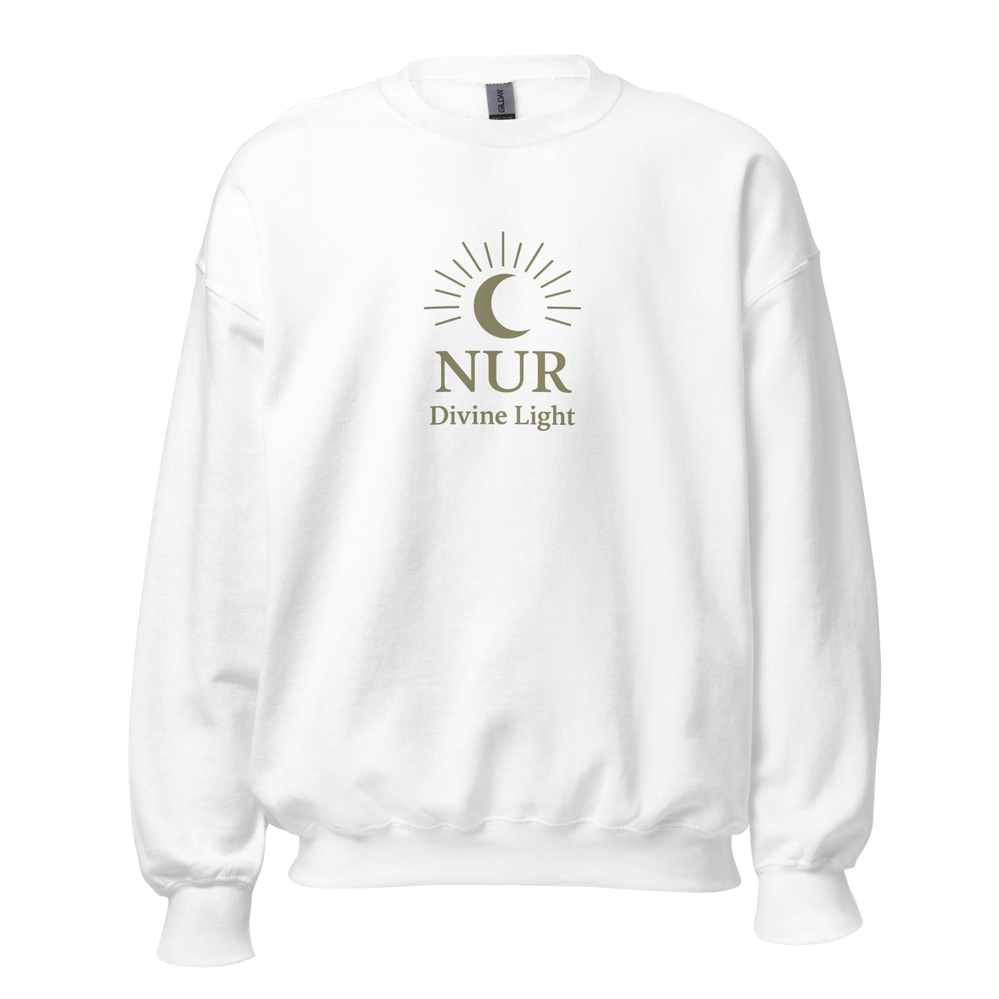 Front view of White NUR Divine Light Spiritual Sweatshirt by Enlight Me Center