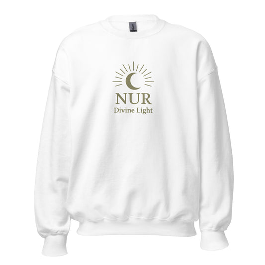 Front view of White NUR Divine Light Spiritual Sweatshirt by Enlight Me Center