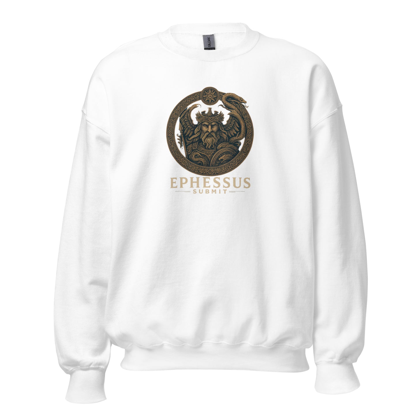 Front view of White Ephessus Poseidon The Storm Bringer Mythology Sweatshirt by Enlight Me Center