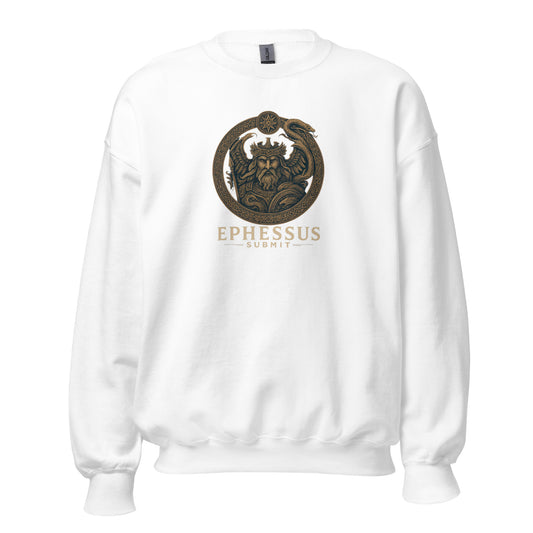 Front view of White Ephessus Poseidon The Storm Bringer Mythology Sweatshirt by Enlight Me Center