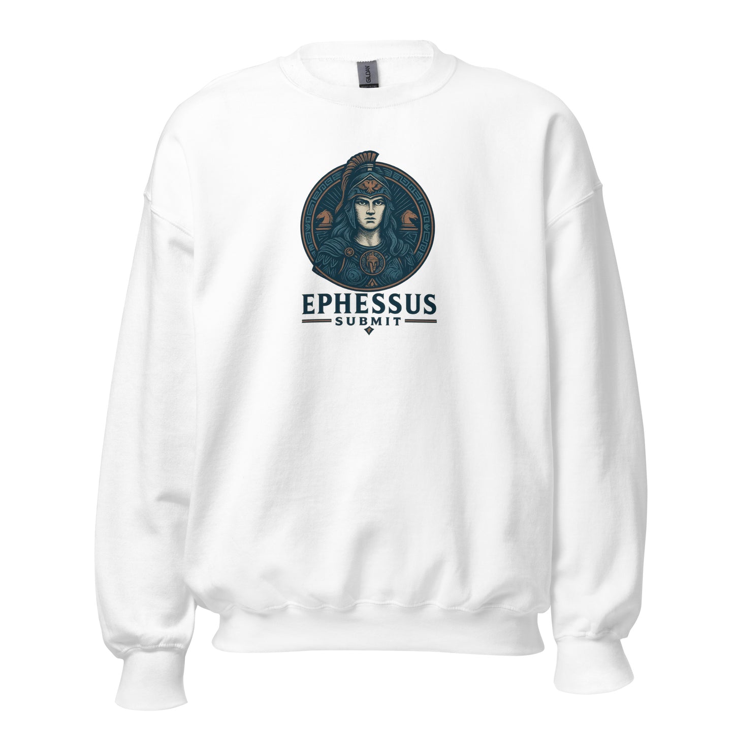 Front view of White Ephessus Athena The Defender Divine Feminine Sweatshirt by Enlight Me Center