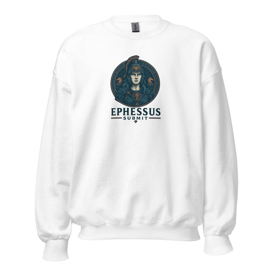 Front view of White Ephessus Athena The Defender Divine Feminine Sweatshirt by Enlight Me Center