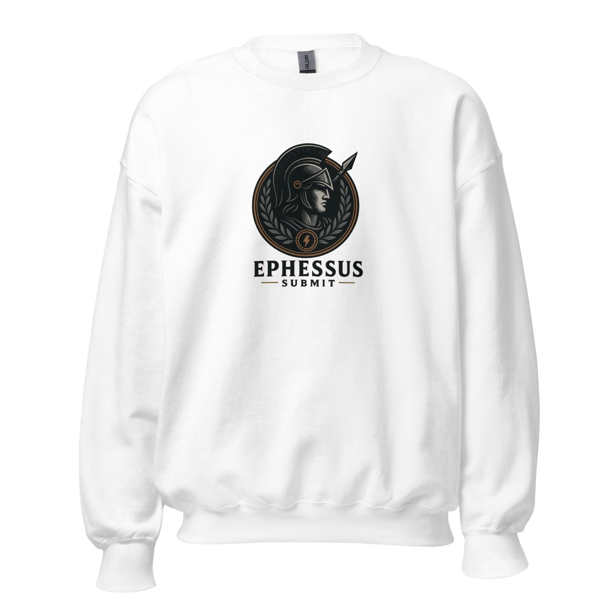 Front view of White Ephessus Athena Eternal Warrior Divine Feminine Sweatshirt by Enlight Me Center