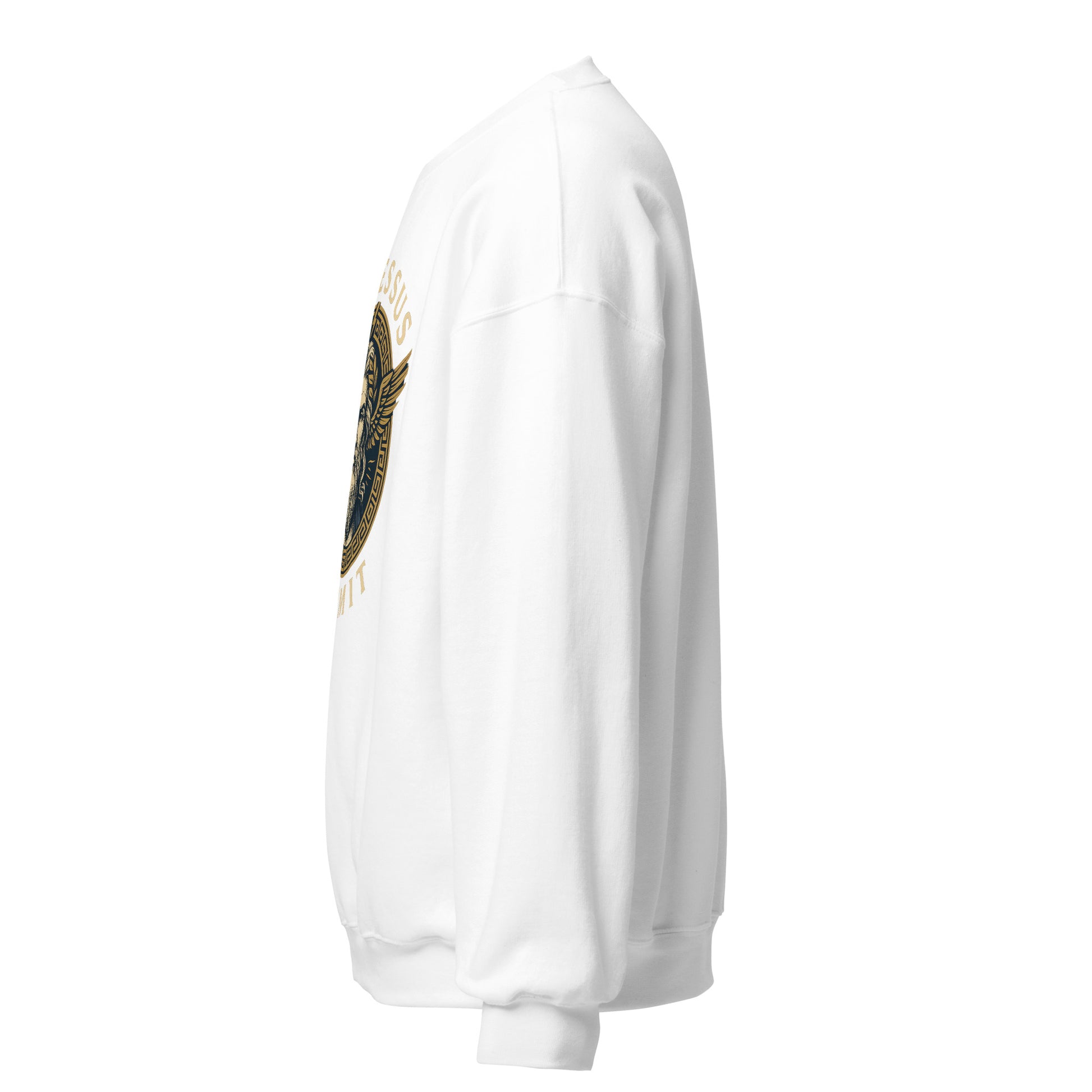 Side view of White Ephessus Zeus The Thunder King Mythology Sweatshirt by Enlight Me Center