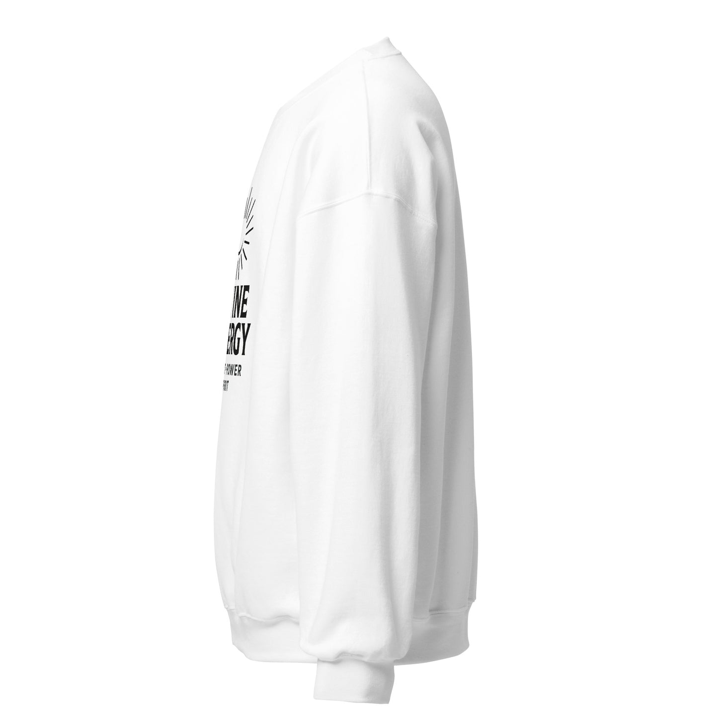 Side view of White Divine Energy Spiritual Sweatshirt by Enlight Me Center